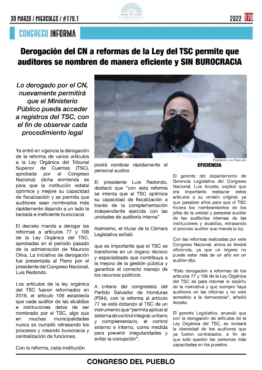 Derogación del CN a reformas de la Ley del TSC permite que auditores se nombren de manera eficiente y SIN BUROCRACIA